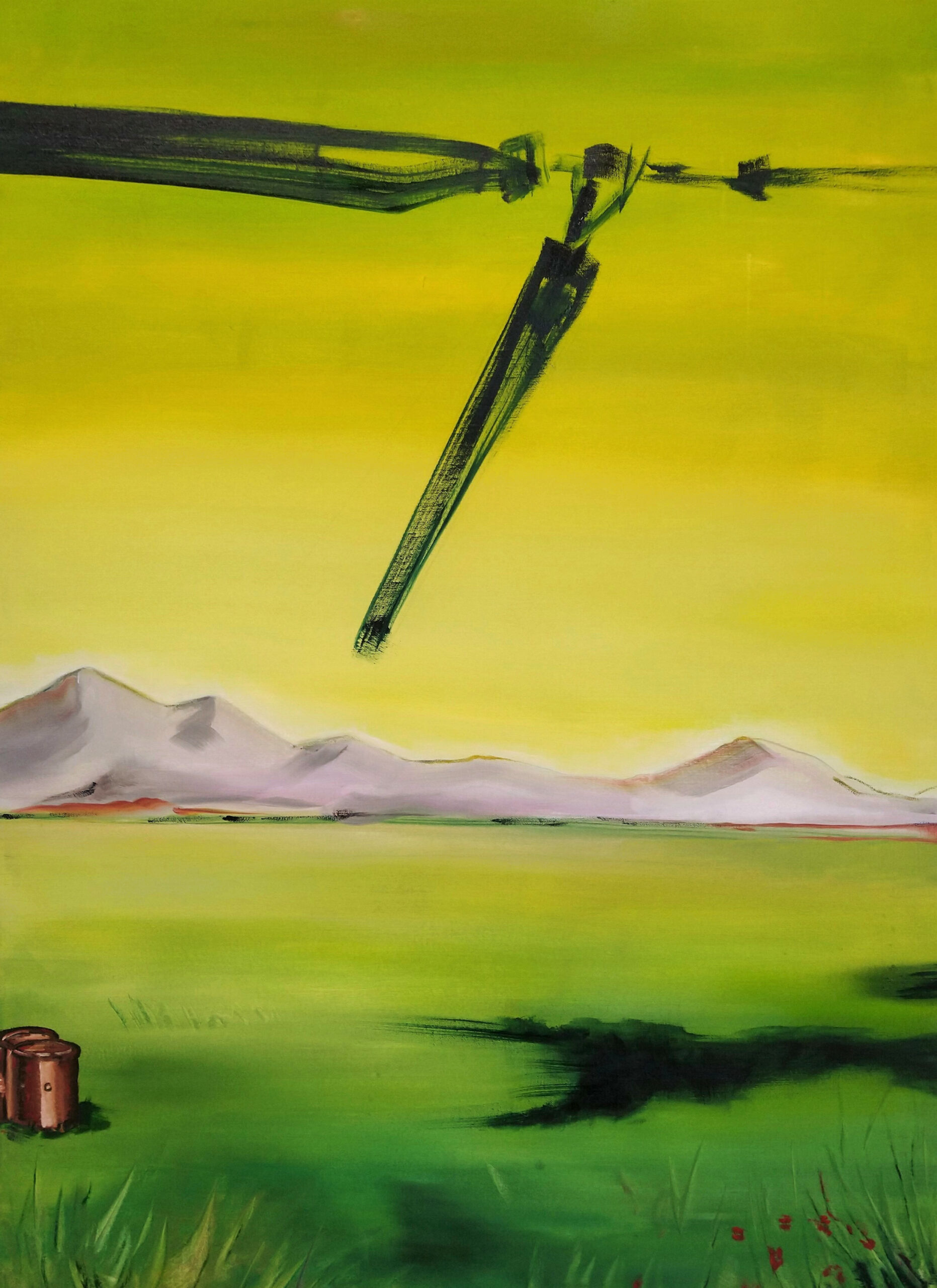 Wouter van de Koot painting yellow station mountains helicopter shadow