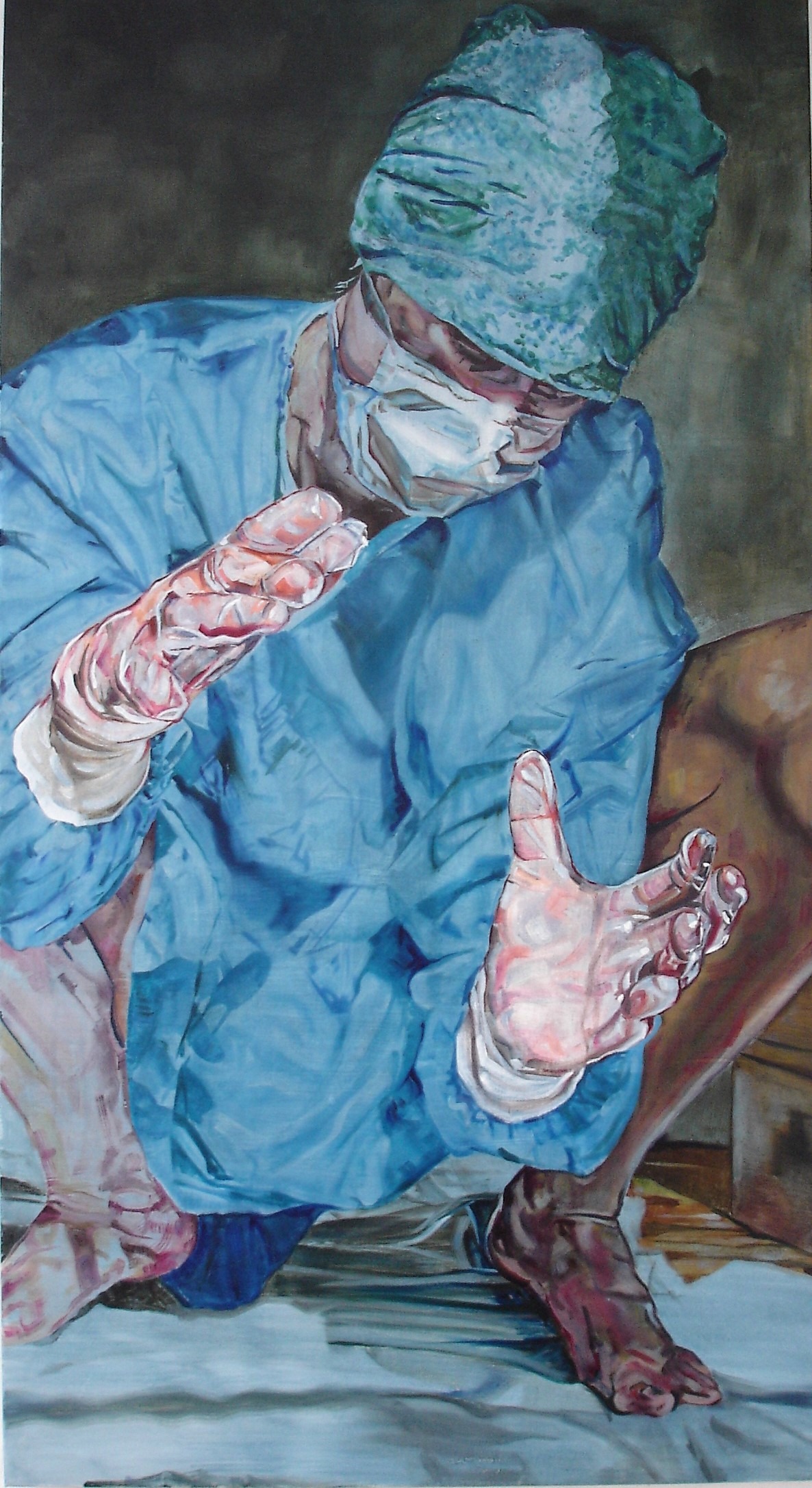 Wouter van de Koot painting oil surgeon crouching hands empty looking mouthmaskantwerp