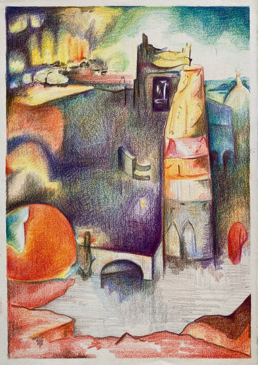 Wouter van de Koot drawing color pencil on paper tower cityscape medieval bosch
