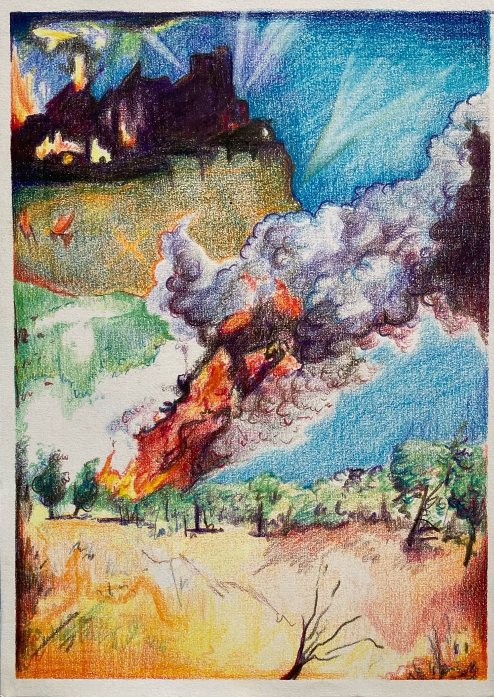Wouter van de Koot drawing color pencil orchard skyline medieval fire smoke